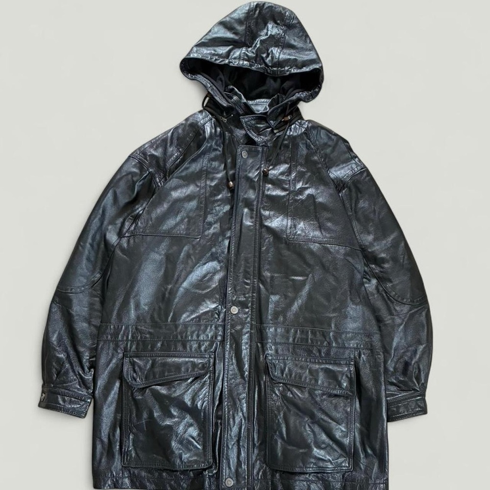 Wilson’s Leather Black Long Leather Coat w/ Detachable Hood